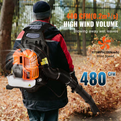 Backpack Leaf Blower, 52CC 2-Cycle Leaf Blower with 1.37L Fuel Tank, 480CFM Air Volume 175MPH Speed, Ideal for Lawn Care, Leaf Cleaning, and Snow Removal