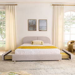 Queen Size Upholstered Bed Frame Modern Minimalist Style - Circle Yarn Fabric, Tall Curved Headboard, Sturdy Leg Support & Wheeled Drawer Storage, Mattress Not Included -Pink