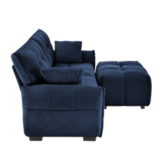Modern Chenille Fabric 2-Seater Sofa with Ottoman - Minimalist Design with Textured Fabric - Ideal for Living Room, Apartment or Dorm - Blue