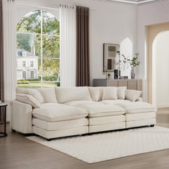 Oversized Modular Cushioned Sofa with 3 Ottomans, Modular Sofa Set to work as Sleeper Sofa Bed , 6 - Piece Sofa Set with One 3 Seater Sofa and Three Ottomans, Light Beige Corduroy