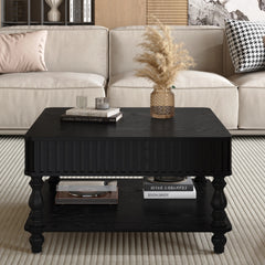 31.5 Inch Square Fluted Lift-Top Coffee Table with Hidden & Open Storage, Hydraulic Raising Mechanism, Retro Solid Wood Legs for Living Room, Sofa (Black)