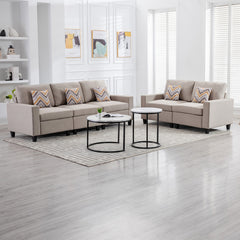 Nolan 95.5" Beige Linen Fabric Sofa and Loveseat Living Room Set with Pillows and Interchangeable Legs