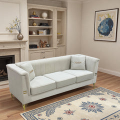 FX-P82-BE3 (WITH 2 PILLOWS)-82.67" Modern Velvet 3-Seater Chesterfield Style Beige Couch for Living Room with 2 Pillows