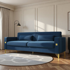 FX-P18-RB(SOFA)Luxury Velvet Sofa with Gold Accents - Modern 3-Seat Couch with Plush Cushions, Perfect for Living Room and Office Decor