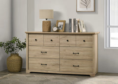 Elettra 57"W Light Oak Finish 6-Drawer Dresser with Black Handles