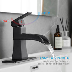 Sink Faucet With Deck Plate Waterfall Black with Pop Up Drain and Supply Lines Bathroom faucets for Sink 1 Hole One Handle Faucets Vanity Bath Mixer Tap