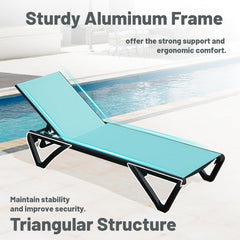 Outdoor Lounge Chair, Aluminum Plastic Patio Chaise Lounge with Side Table & 5 Position Adjustable Backrest & Wheels, All Weather Reclining Chair for Outside Beach Poolside Lawn, Lake Blue