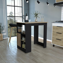 Kitchen Island 36" H, Three Open Side Storage Shelves and One Push-to-Open Cabinet, Black / Natural Oak