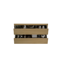 Alice36-106, Wall mount cabinet WITHOUT basin, Natural oak color, with two drawers, Pre-assembled