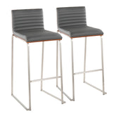 Mason Mara 30" Contemporary Fixed-Height Barstool in Stainless Steel, Walnut Wood and Grey Faux Leather by LumiSource - Set of 2