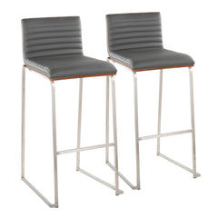 Mason Mara 30" Contemporary Fixed-Height Barstool in Stainless Steel, Walnut Wood and Grey Faux Leather by LumiSource - Set of 2