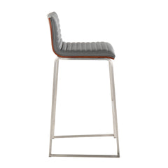 Mason Mara 30" Contemporary Fixed-Height Barstool in Stainless Steel, Walnut Wood and Grey Faux Leather by LumiSource - Set of 2