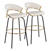 Jie 30" Fixed-Height Contemporary Barstool with Swivel in Gold Metal and White Faux Leather with Black Metal Legs and Round Gold Metal Footrest by LumiSource - Set of 2