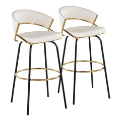 Jie 30" Fixed-Height Contemporary Barstool with Swivel in Gold Metal and White Faux Leather with Black Metal Legs and Round Gold Metal Footrest by LumiSource - Set of 2