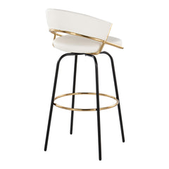 Jie 30" Fixed-Height Contemporary Barstool with Swivel in Gold Metal and White Faux Leather with Black Metal Legs and Round Gold Metal Footrest by LumiSource - Set of 2