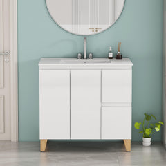 36-Inch Modern Bathroom Vanity With 3 Holes Sink Combo, 2 Doors and 2 Big Drawer, Soft-Clost System,Handle-Free Design,Natural Solid Wood Feet,Ceramic Basin,Adjust Shelf,Easy Assemble,Glossy White
