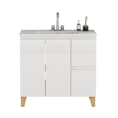 36-Inch Modern Bathroom Vanity With 3 Holes Sink Combo, 2 Doors and 2 Big Drawer, Soft-Clost System,Handle-Free Design,Natural Solid Wood Feet,Ceramic Basin,Adjust Shelf,Easy Assemble,Glossy White