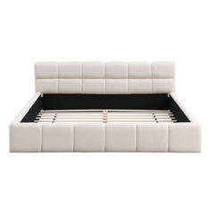 Elegant Beige Chenille Upholstered Bed with Checkerboard Design, Queen, Beige