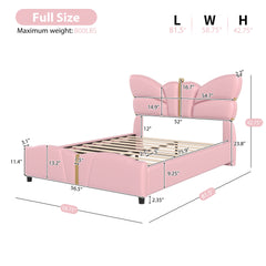 Full Size Upholstered PU Leather Bed Frame, with Butterfly Shaped Headboard and Footboard, Platform Bed Frame with Gold Metal decorations, No Box Spring Needed, Light Pink
