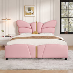 Full Size Upholstered PU Leather Bed Frame, with Butterfly Shaped Headboard and Footboard, Platform Bed Frame with Gold Metal decorations, No Box Spring Needed, Light Pink