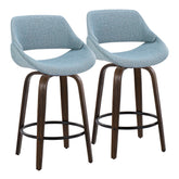 Fabrico 26" Mid-Century Modern Fixed-Height Counter Stool in Walnut Glazed Wood and Blue Noise Fabric with Round Black Metal Footrest by LumiSource - Set of 2