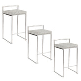 Fuji 26" Contemporary Stackable Counter Stool in Brushed Stainless Steel with Light Grey Cowboy Fabric Cushion by LumiSource - Set of 3
