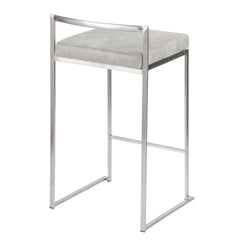 Fuji 26" Contemporary Stackable Counter Stool in Brushed Stainless Steel with Light Grey Cowboy Fabric Cushion by LumiSource - Set of 3