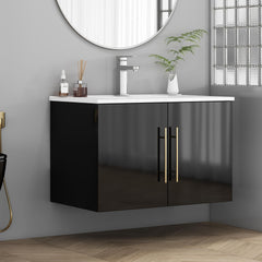 30-Inch Black Gloss Wall-Mounted Bathroom Vanity with Sink Combo,Double Doors, Soft-Close Hangers,Long Gold Metal Handle,Easy Installation,Ceramic Basin,Glossy Black
