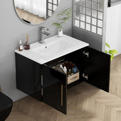 30-Inch Black Gloss Wall-Mounted Bathroom Vanity with Sink Combo,Double Doors, Soft-Close Hangers,Long Gold Metal Handle,Easy Installation,Ceramic Basin,Glossy Black