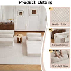 Compression Mahjong Sofa,Convertible Floor Sofa Bed,DIY Boneless Modular Sectional Sofa,No Assembly Required,Circle fleece fabric,Oversized 2 Seater with 2 Pillows,White