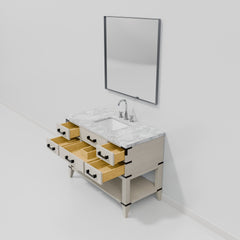 White Oak Single Bath Vanity 48 in. W x 22 in. D, Carrara Marble Top, Faucet Set, and 46 in. Mirror