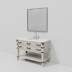 White Oak Single Bath Vanity 48 in. W x 22 in. D, White Quartz Top, Faucet Set, and 46 in. Mirror