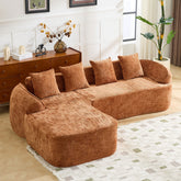 Orange chenille L-shaped compressed sofa that goes well with any living room. It features high-elastic sponge for a comfortable sitting feel, curved armrests and four throw pillows.