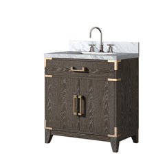 Brown Oak Single Bath Vanity 30 in. W x 22 in. D, Carrara Marble Top, and Faucet Set