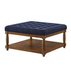 Large Square Upholstered Tufted Linen Ottoman Coffee Table, Large Footrest Ottoman with Solid Wood Shelf- Navy Blue