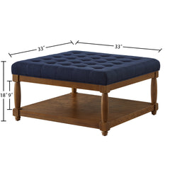 Large Square Upholstered Tufted Linen Ottoman Coffee Table, Large Footrest Ottoman with Solid Wood Shelf- Navy Blue