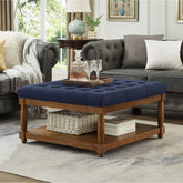Large Square Upholstered Tufted Linen Ottoman Coffee Table, Large Footrest Ottoman with Solid Wood Shelf- Navy Blue