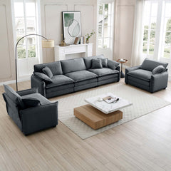 Warm and Cozy Sofa Set with Soft Cushions and Pillows, Home Theater Style Sofa Set Consisting of a 3-Seater Sofa and Two Single Sofas inGrey Corduroy Fabric
