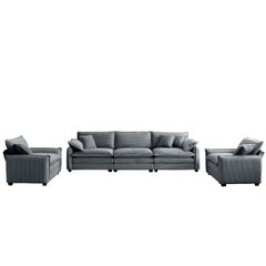 Warm and Cozy Sofa Set with Soft Cushions and Pillows, Home Theater Style Sofa Set Consisting of a 3-Seater Sofa and Two Single Sofas inGrey Corduroy Fabric