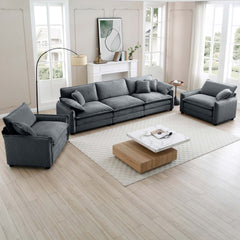 Warm and Cozy Sofa Set with Soft Cushions and Pillows, Home Theater Style Sofa Set Consisting of a 3-Seater Sofa and Two Single Sofas inGrey Corduroy Fabric