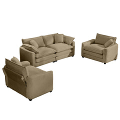Warm and Cozy Sofa Set with Soft Cushions and Pillows, Home Theater Style Sofa Set Consisting of One 2-Seater Sofas and Two Single Sofa in Tan Corduroy Fabric