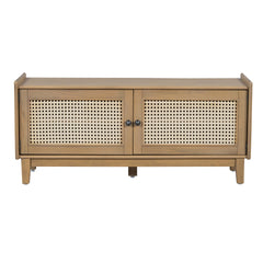 TREXM Boho Rattan Entryway Bench with Storage, Cushioned Shoe Bench with Double Doors, Wooden Shoe Organizer Bench for Entryway and Hallway (Brown+Beige )