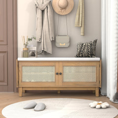 TREXM Boho Rattan Entryway Bench with Storage, Cushioned Shoe Bench with Double Doors, Wooden Shoe Organizer Bench for Entryway and Hallway (Brown+Beige )