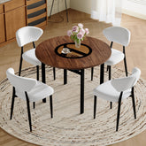 Table and chair set.42 inch modern minimalist brown wood grain round dining table set.Paired with 4 White PU Ergonomic Dining Chair, With A Curved Backrest For Comfortable Design.