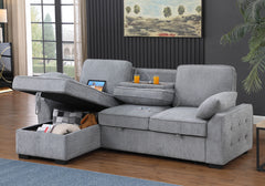 Marcello 91"W Light Gray Chenille Fabric Reversible Sleeper Sectional with Storage Chaise, Drop-Down Table, Cup Holders and Charging Ports