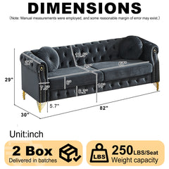 82-Inch Velvet Chesterfield sofa with two round pillows, featuring copper stud detailing and tufted button accents, with metal legs. Loop design allows for hanging cartoon ornaments.