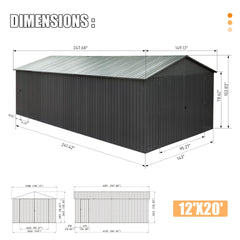 12x20FT Outdoor Metal Garage Shed, Extra Large Metal Carport with Lockable Double Hinged Doors, Heavy Duty Car Shelter for Car, Truck, Motorcycle and Lawn Equipment, Dark Grey