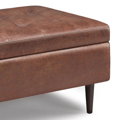 Shay 34 inch Wide Mid-Century Small Coffee Table Storage Ottoman in Distressed Saddle Brown Vegan Leather