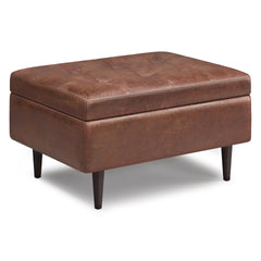 Shay 34 inch Wide Mid-Century Small Coffee Table Storage Ottoman in Distressed Saddle Brown Vegan Leather