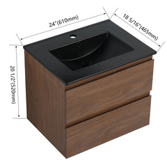 24" Wall-Mounted Bathroom Vanity With Black Ceramic Sink, 2-Soft Close Drawers, KD-Package
